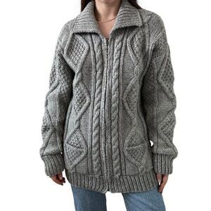 Vintage Mens Ecuadorian Hand Knit Gray Cable Knit Fisherman Chunky Cardigan Sz L